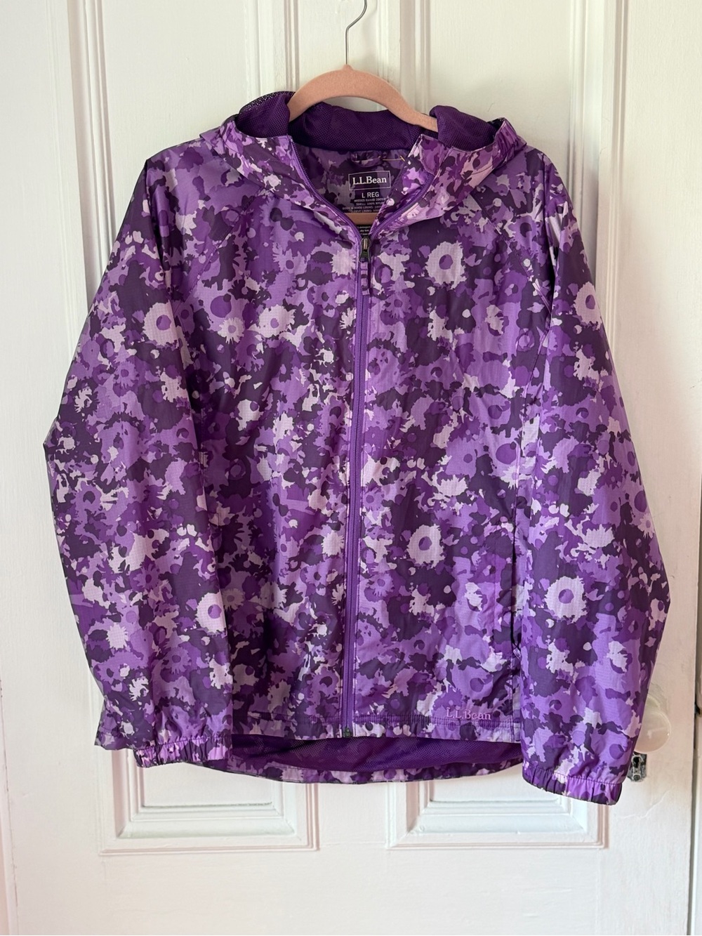 Women’s Purple Floral Print LL Bean Hooded Lined Rain Jacket Size Large
